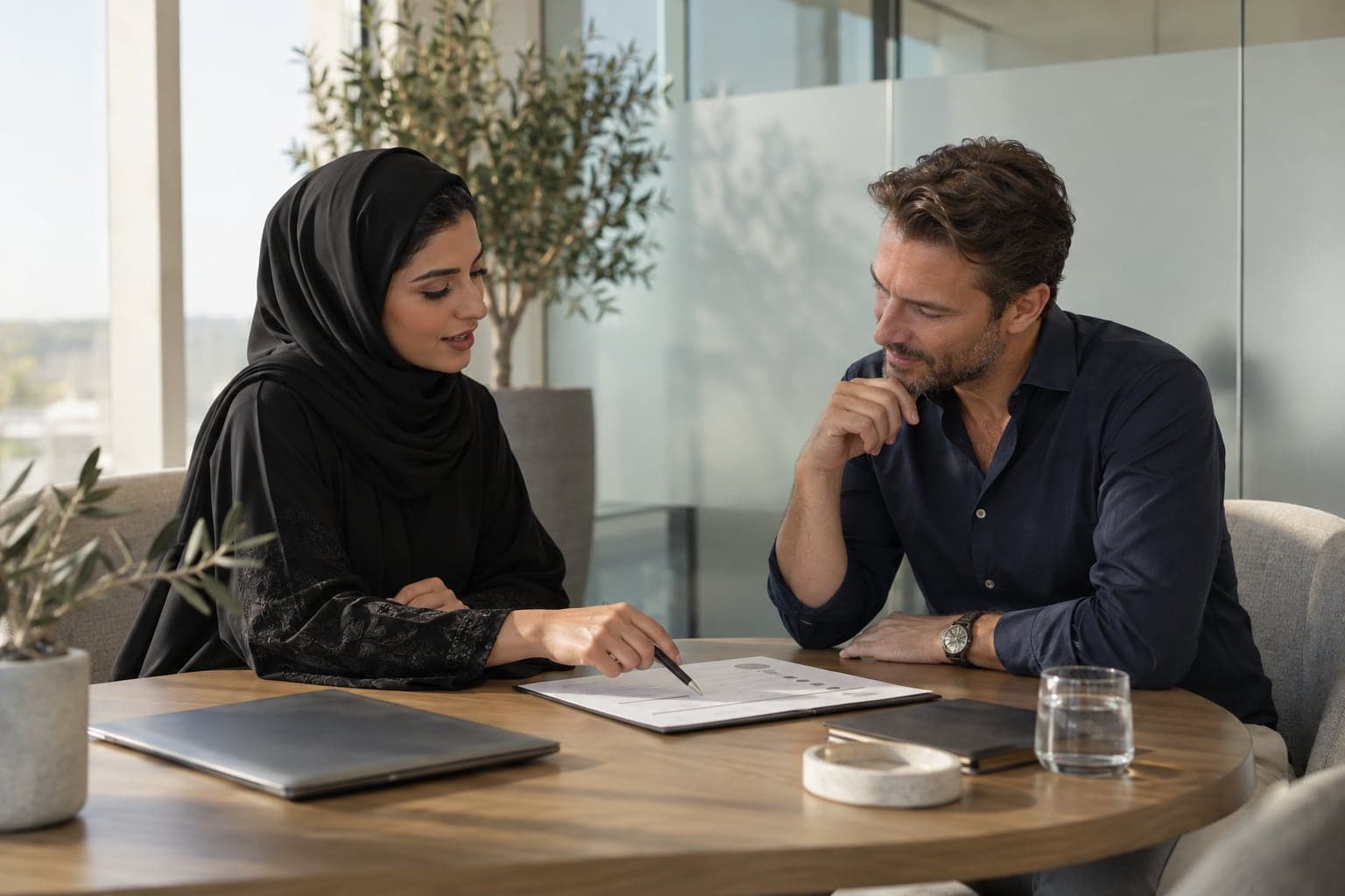 مستشارة تشرح قائمة تحقق لعميل على طاولة اجتماعات.